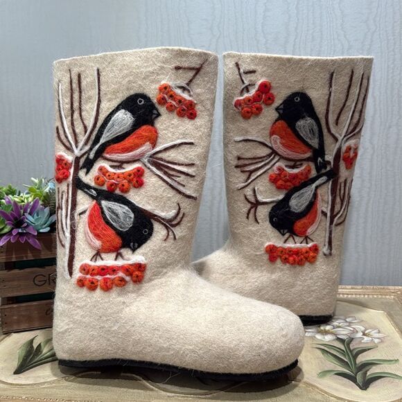 Vintage Russian Valenki Traditional Wool Felt Boots Beautiful Embroidered Birds - Picture 16 of 16